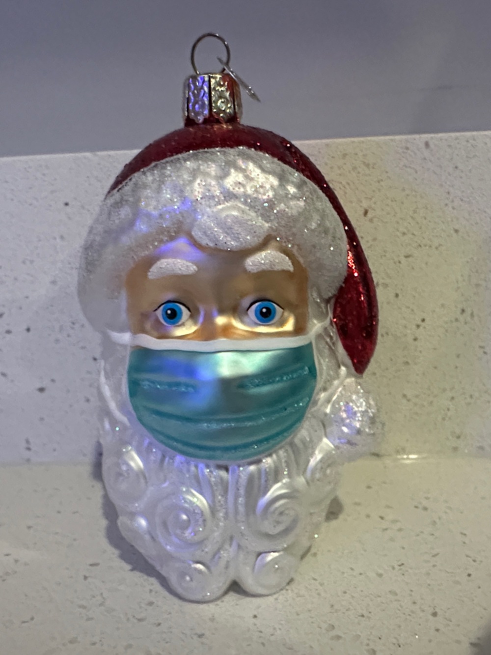 Glass Santa Ornament with Blue Face Mask - Holiday Decoration